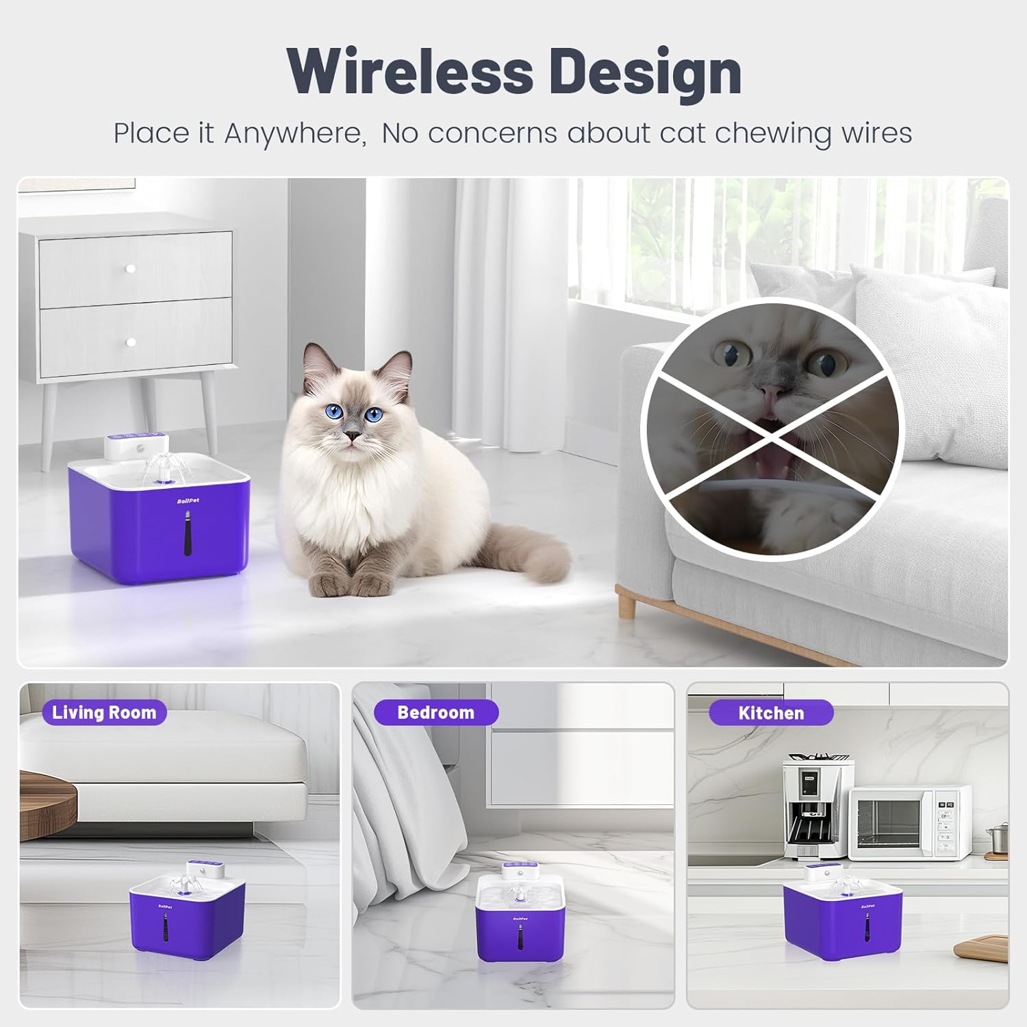 Roilpet Cat Water Fountain placed in living room, bedroom, and kitchen