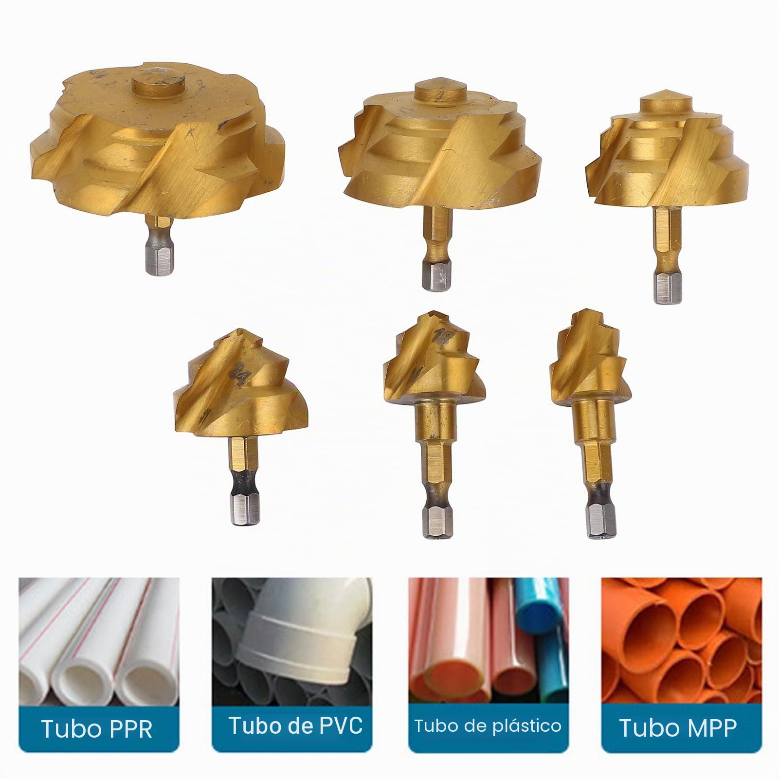 Juego de Broca de Taladro Escalonado de 6 Piezas PPR, 20 25 32 40 50 63 Mm 1/4 Pulgadas Hex Sange Spiral Water Tube Broad