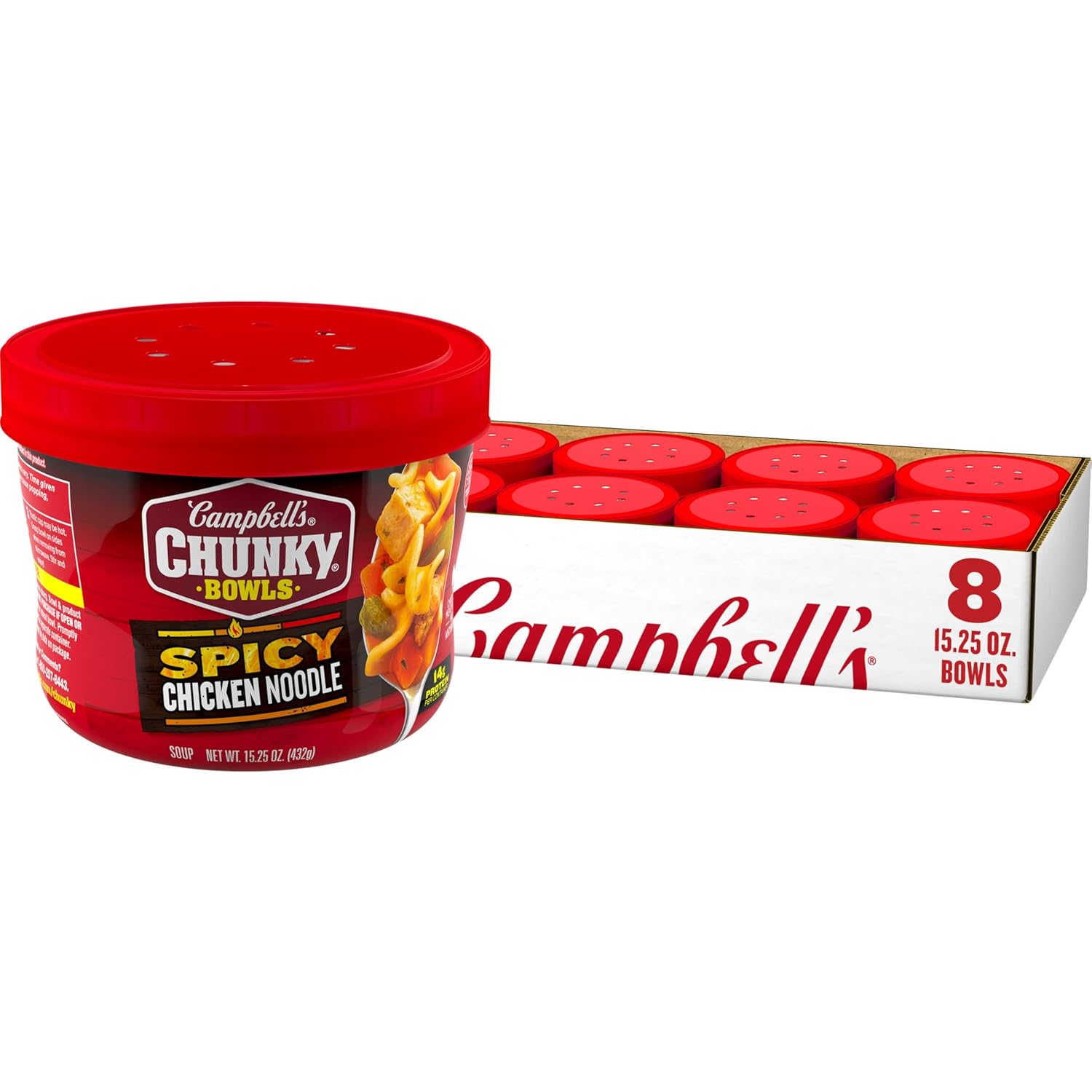 Campbell's Chunky Spicy Chicken Noodle Soup, 15.25oz Microwavable Bowls, Case of 8 - 14g Protein, Bold Chili Heat