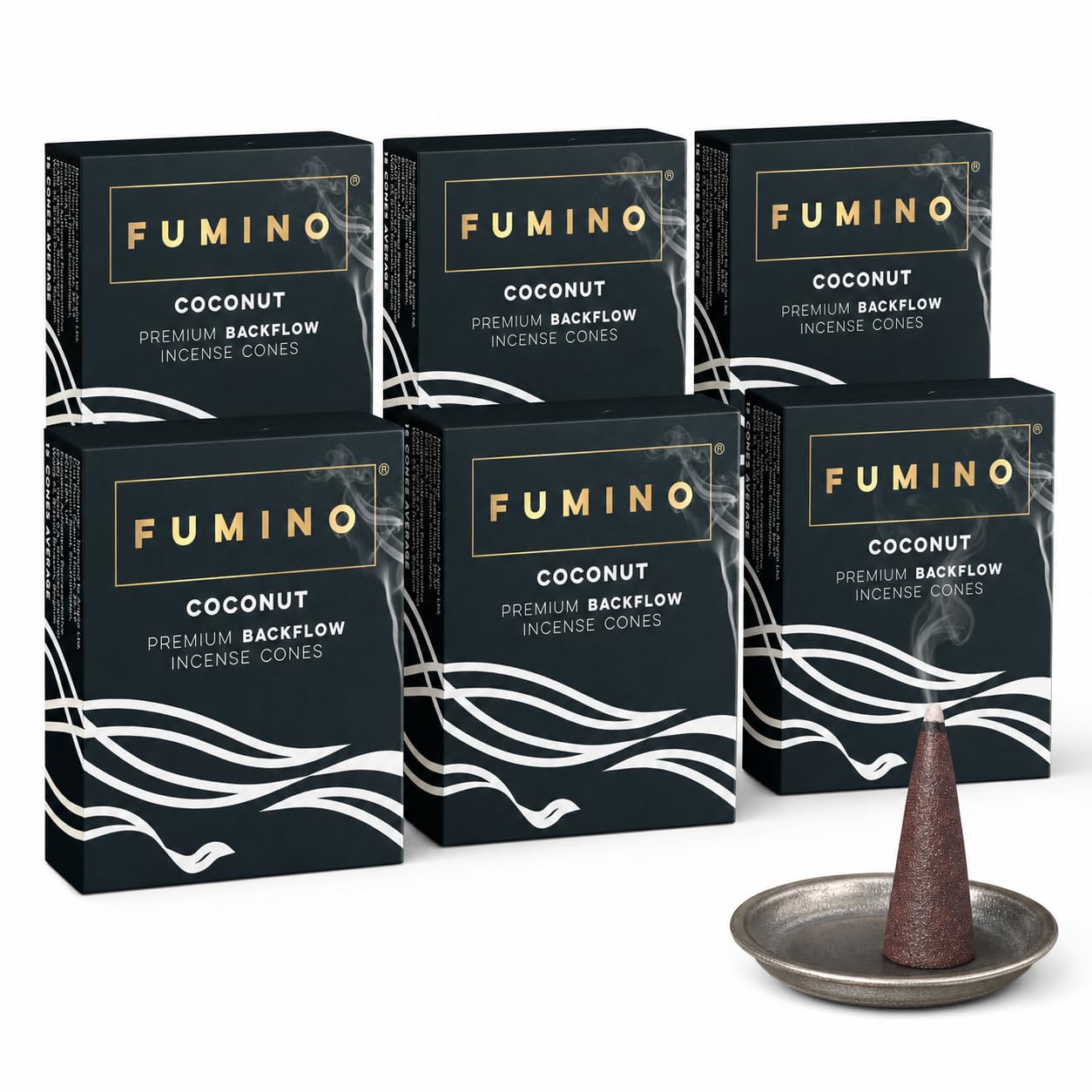 Fumino Coconut Backflow Incense Cones 90 Pack 6 Boxes - Natural Masala Cones for Waterfall Cascade Smoke & Meditation, Sweet & Tropical Scent, Hollow-Core for Backflow Burners