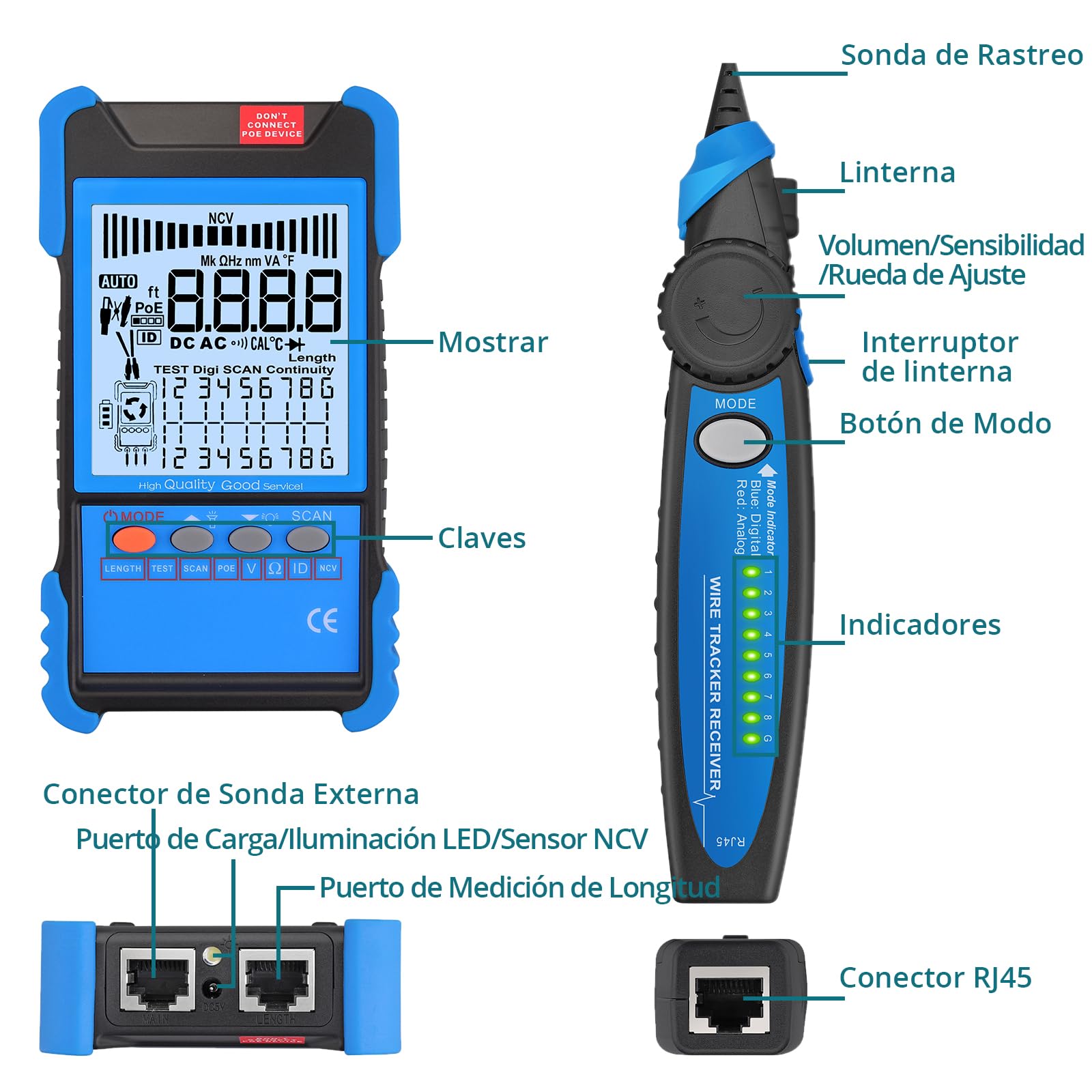 Probador de Cable con POE, Cableado Digital y Analógico, Multifunción Probador de Cable de Red NVC,Buscador de Líneas Cable CAT5 CAT5e CAT6 Cat7 Cat8 para Tensión de la Batería