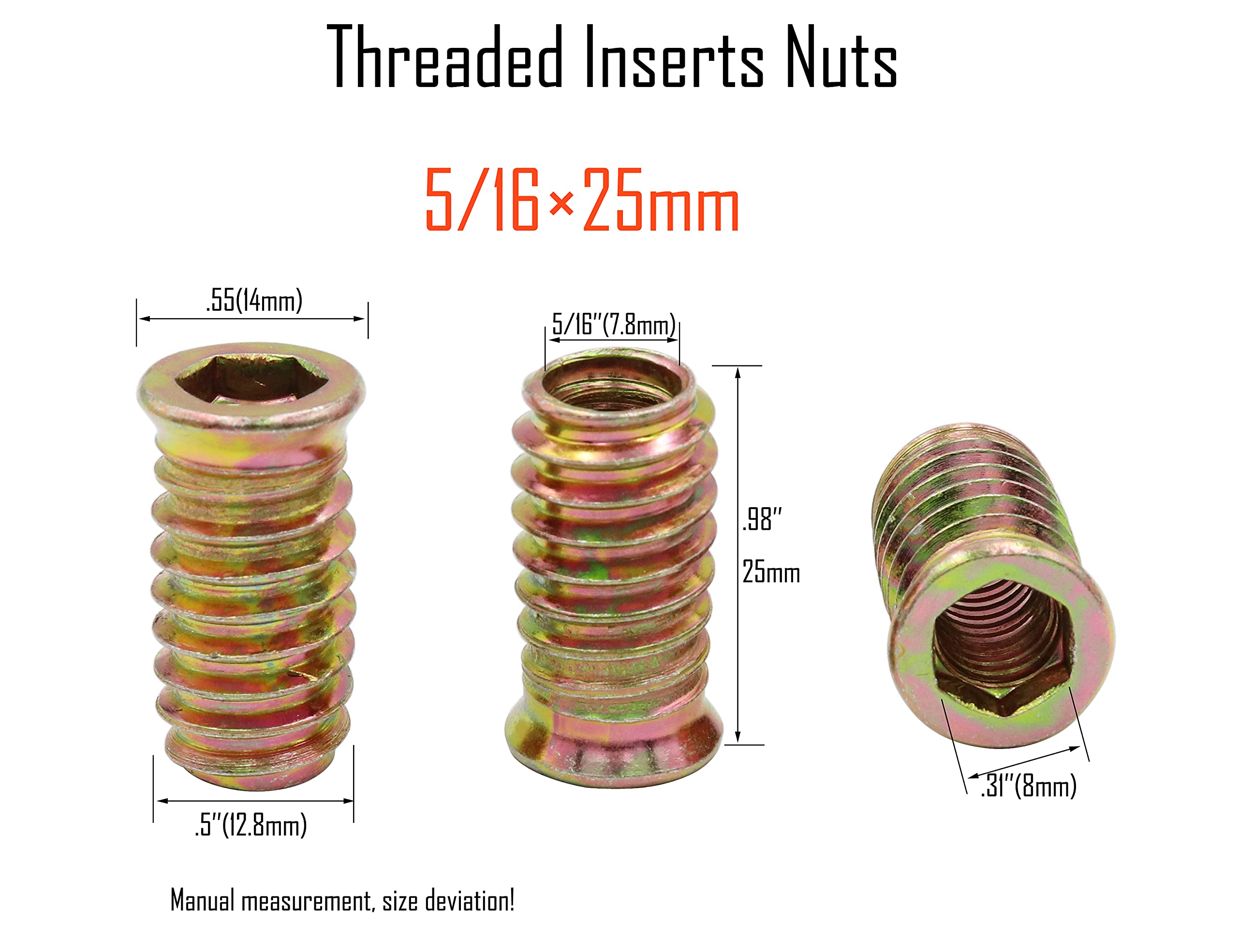 LBY 25pcs Threaded Inserts Nuts, 5/16-18 × 25mm Furniture Flanged Screw-in Nut, Hex Socket Drive, Carbon Steel (Zinc Plated), Yellow