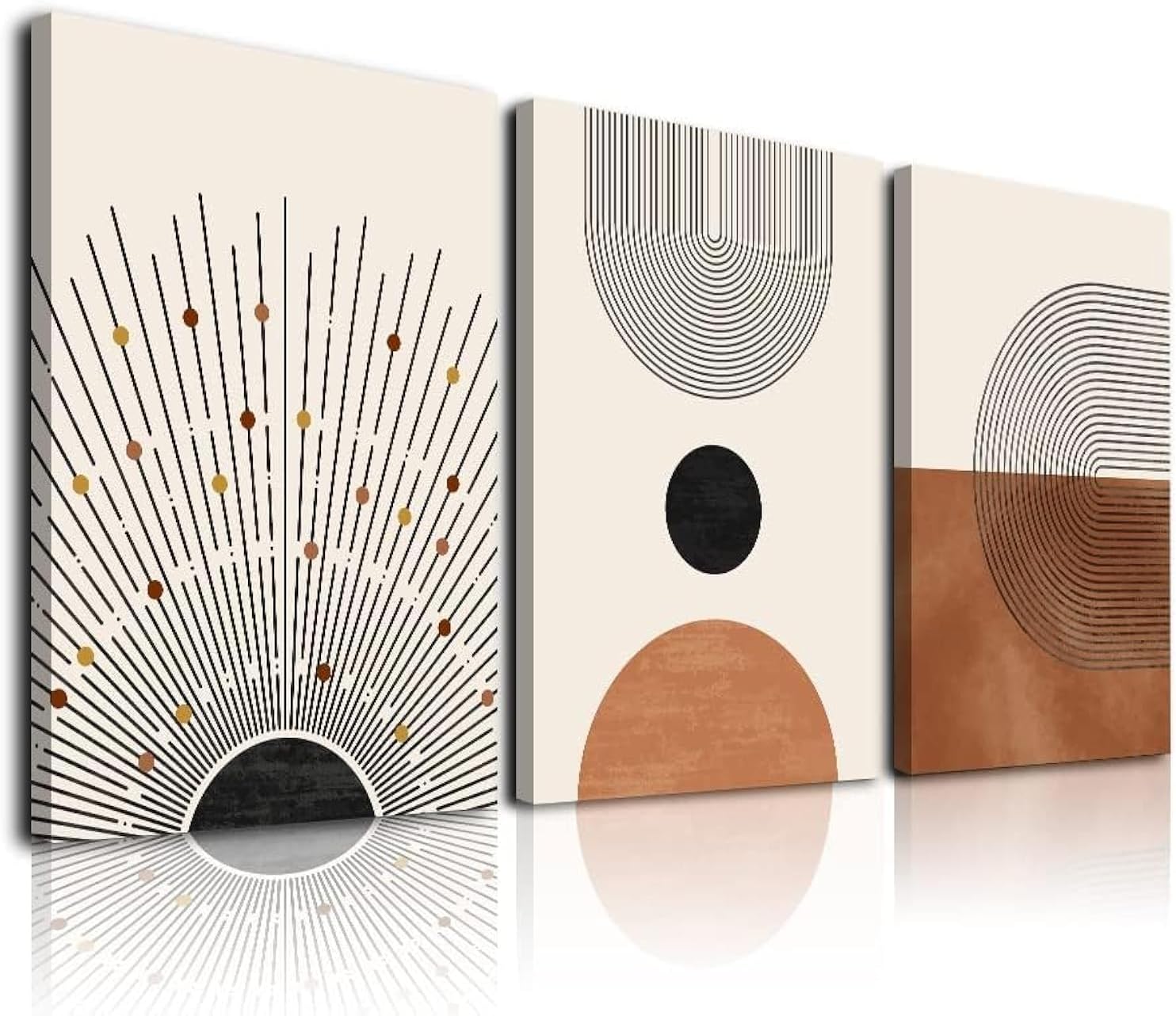 KBKBART Abstract Boho Wall Art, Mid-Century Modern Prints, Framed Canvas Art Living Room, Minimalist Neutral Beige Brown Sun Geometry Black Line Artwork Paintings, Room Decor Ready (AMZT151)