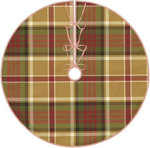Falda de árbol de Navidad de 30 pulgadas, color dorado, verde y rojo, de lino rústico a cuadros, falda de árbol de Navidad para fiestas de