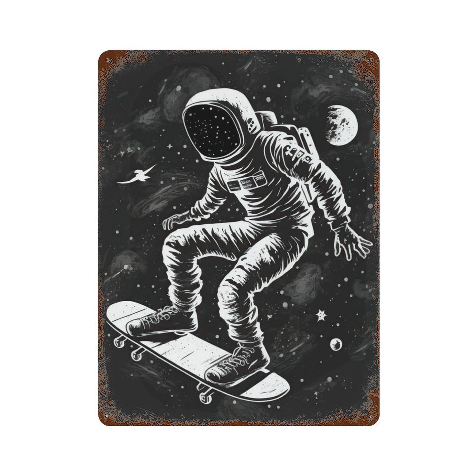Astronaut on A Skateboard Vintage Wall Sign 15.7"x11.8", Rust Effect Metal Decor for Farmhouse, Kitchen And Entryway Decor