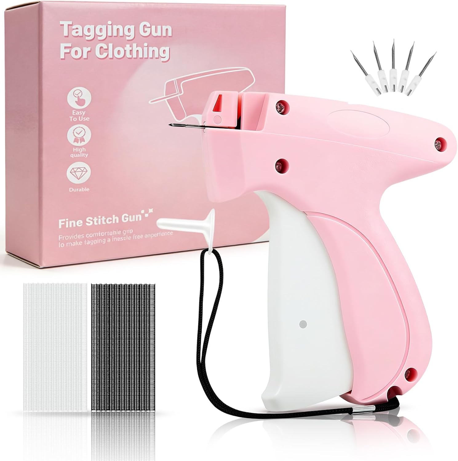 Stitch Gun for Clothes - Handheld Stitch Gun Quick Clothing Fixer - Tagging Gun for Clothing, Sewing Kit-Includes 6 Needle, 1000 Black Fasteners & 1000 White Fasteners (Pink)