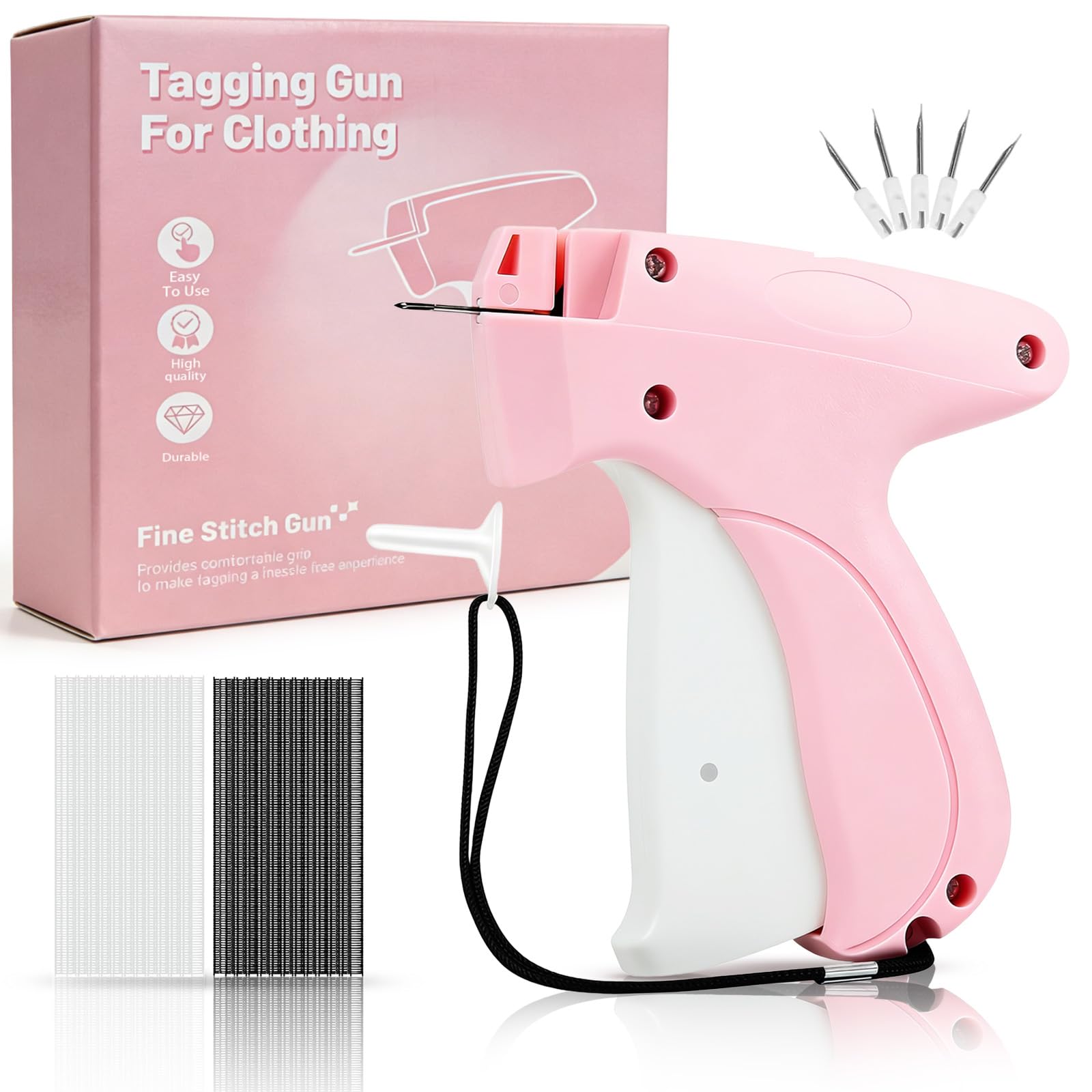 Stitch Gun for Clothes - Handheld Stitch Gun Quick Clothing Fixer - Tagging Gun for Clothing, Sewing Kit-Includes 6 Needle, 1000 Black Fasteners &amp; 1000 White Fasteners (Pink)