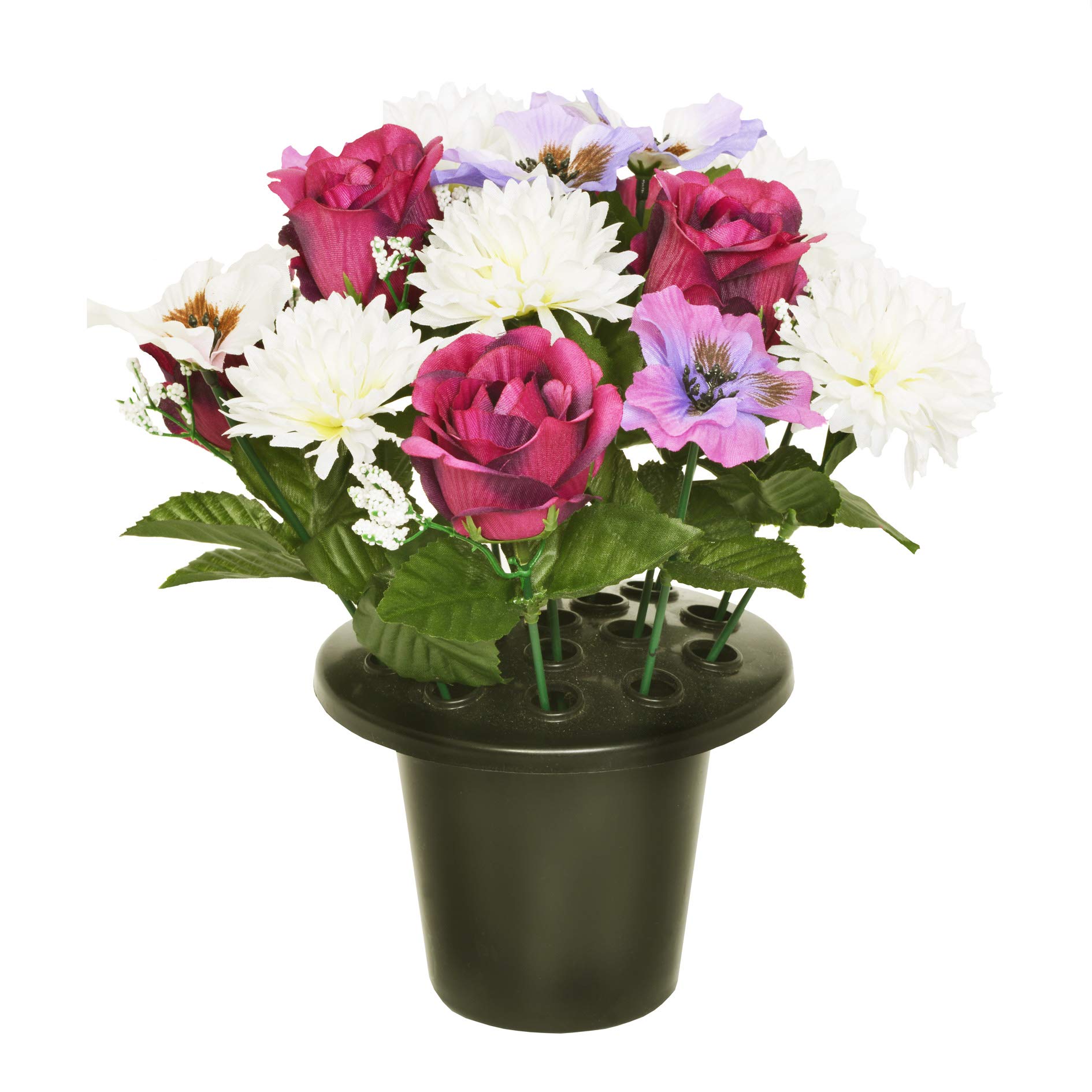 Cfy Memorials Pruple Premium Artificial Grave Flowers – 25Cm Purple Rose With Chrysanthemum & Pansy X16 | Memorial Vase Pot