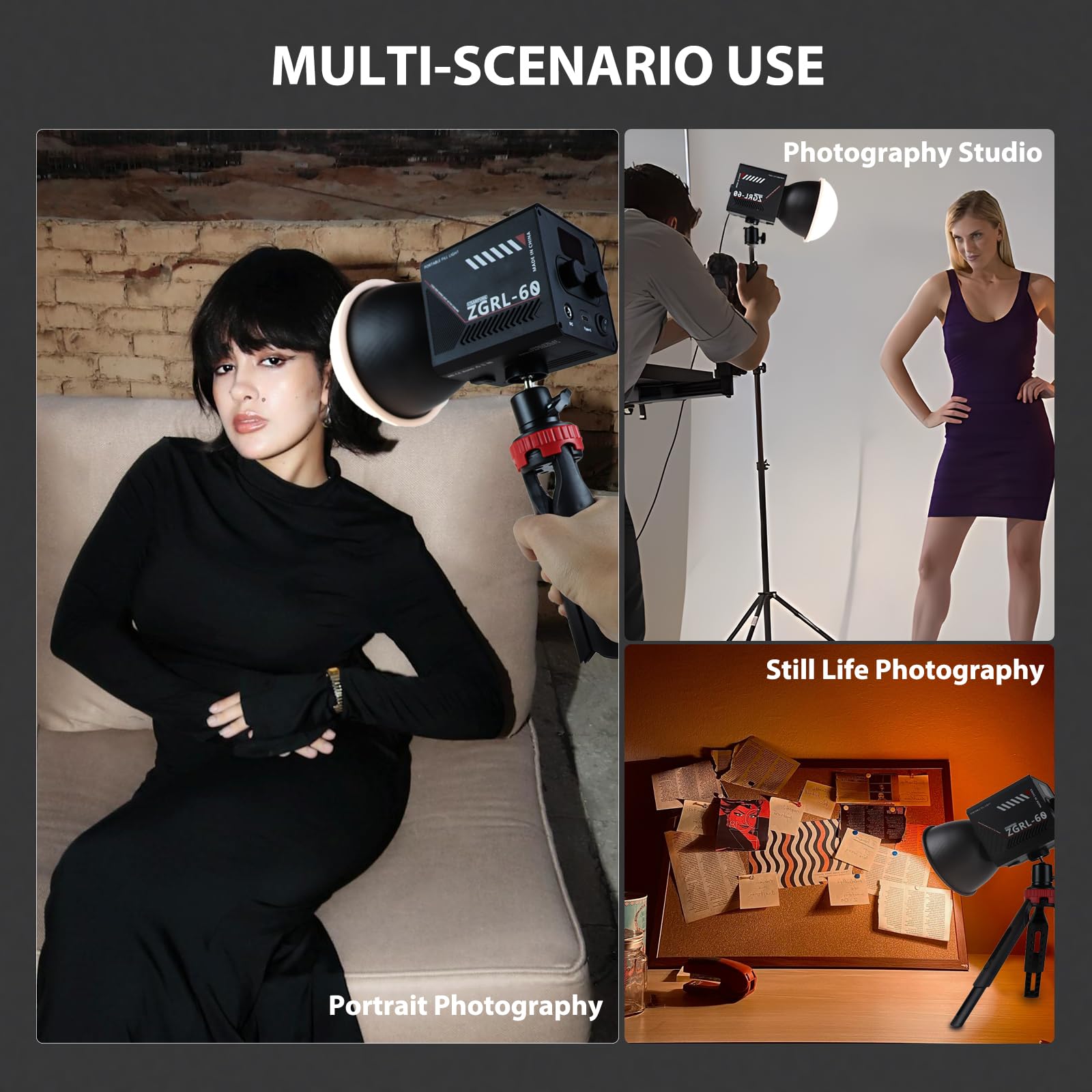 Luce video portatile COB LED da 60 W con batteria da 8000 mAh Dual Color Photography Lighting Spotlight per studio, streaming, video telefonico, 2800K-6500K, 8 effetti di illuminazione, CRI ≥95