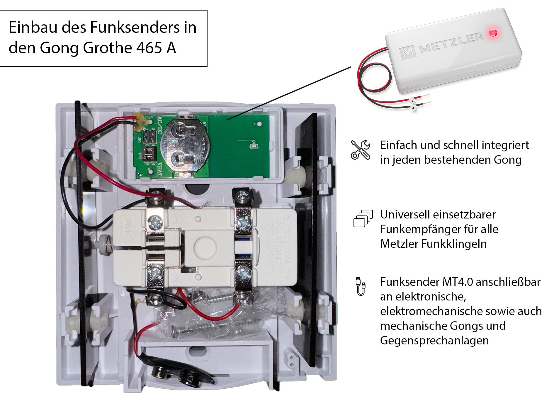 Metzler Transmetteur de signal radio - Convertisseur sans fil pour systèmes de sonnette existants - Kit carillon sans fil (MT4.0 - Montage et émetteur de batterie, récepteur de prise)