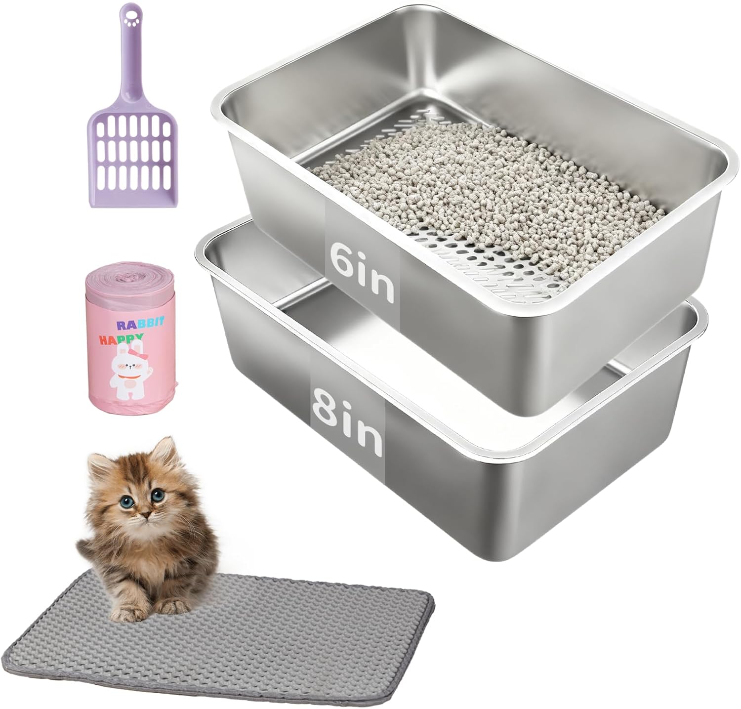 23.6''x15.7''x6'' Stainless Steel Sifting Litter Box, Metal Litter Sifter Pan with Scoop for Pine Pellets, Low Dust, Odor Control, Easy Cleaning