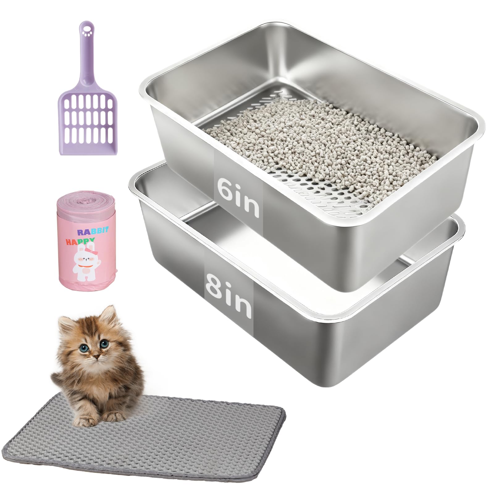 23.6''x15.7''x6'' Stainless Steel Sifting Litter Box, Metal Litter Sifter Pan with Scoop for Pine Pellets, Low Dust, Odor Control, Easy Cleaning