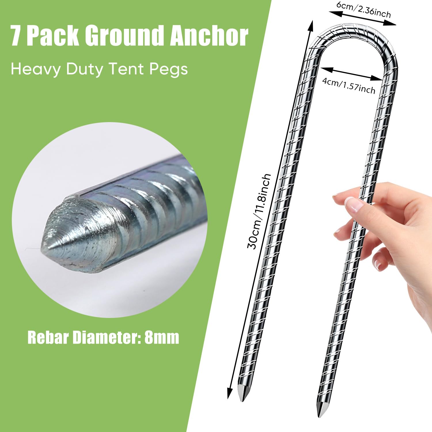 Confezione da 7 picchetti per tenda in metallo resistente, 30,5 cm, in acciaio zincato a forma di U, picchetti di ancoraggio a terra per campeggio all'aperto, trampolino, rete da calcio