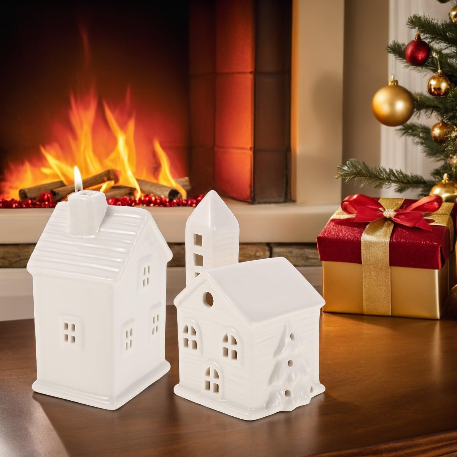 Uonlytech Casas Navideñas de Cerámica con Luces LED Cálidas, Adorno Elegante para Mesa y Árbol en Hogar Estilo Pueblo Rústico, Pack de 2 Piezas