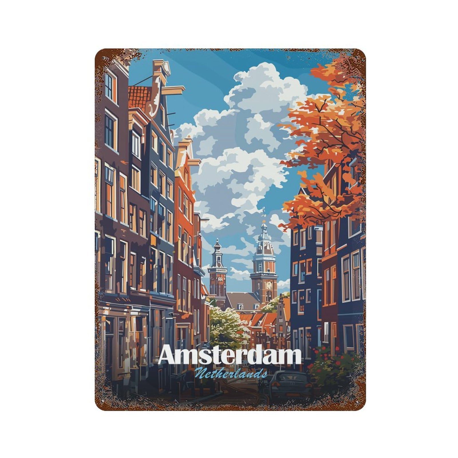 Amsterdam Netherlands Cityscape Art Retro Metal Sign 15.7"x11.8", for Garage, Bar And Workshop Decor, Shabby Chic Decor