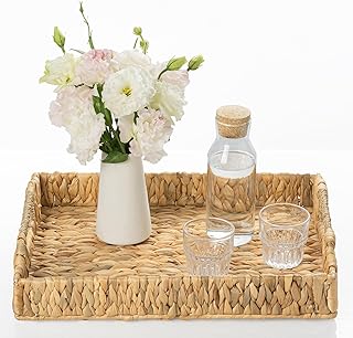 Rectangle Wicker Scalloped Serving Tray with Handles - Seagrass Handwoven Trays,Water Hyacinth Tray for Home Decor and Living Room, Dining Table, Bathroom Organizing, 17.3" L x 13.4" W x 3.6" H