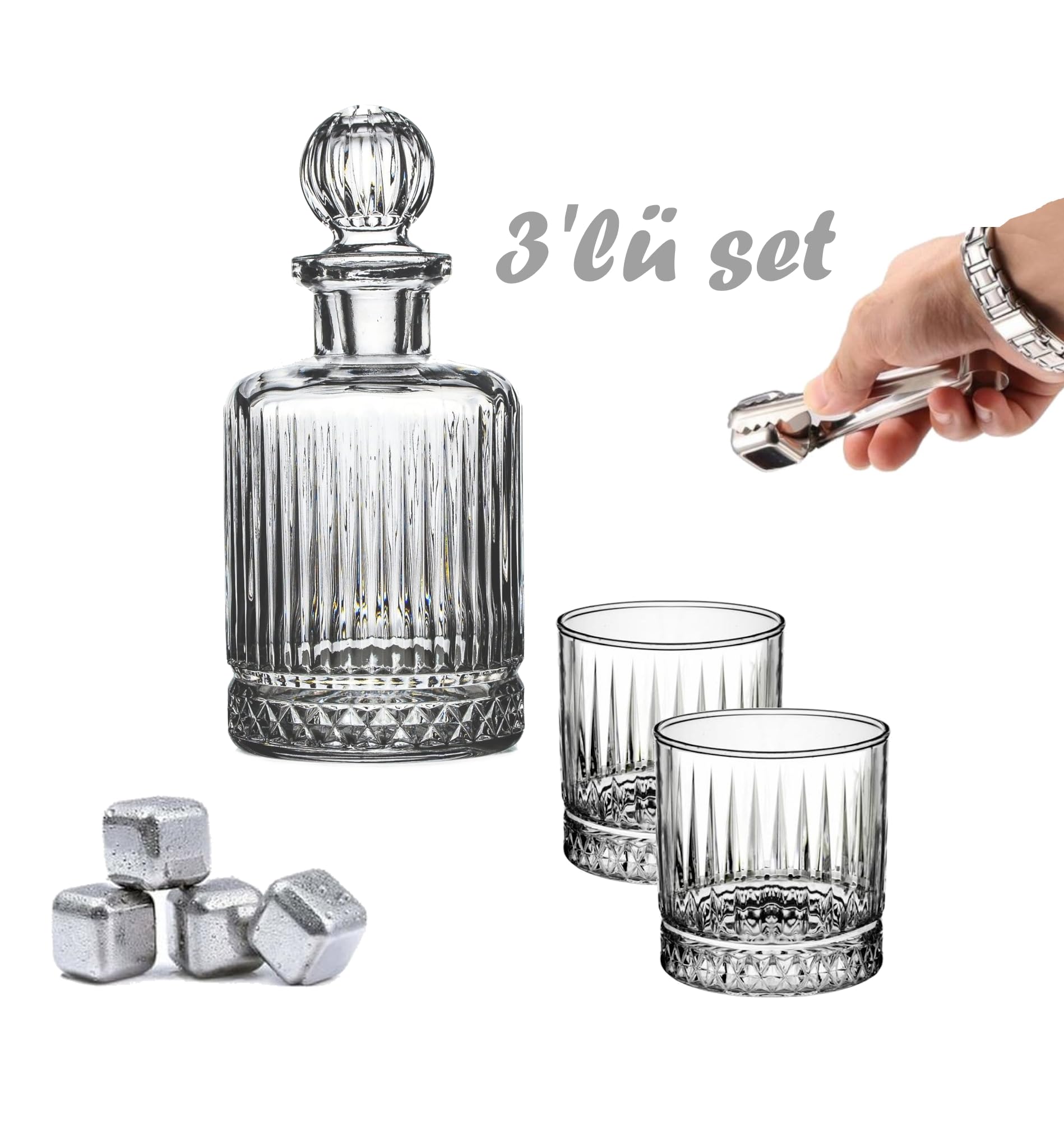 Odi Home Cam Karaf Sürahi ve 2 Adet 265 ml Bardak - Viski Seti - Su Meşrubat Viski Şişesi 1100 ml
