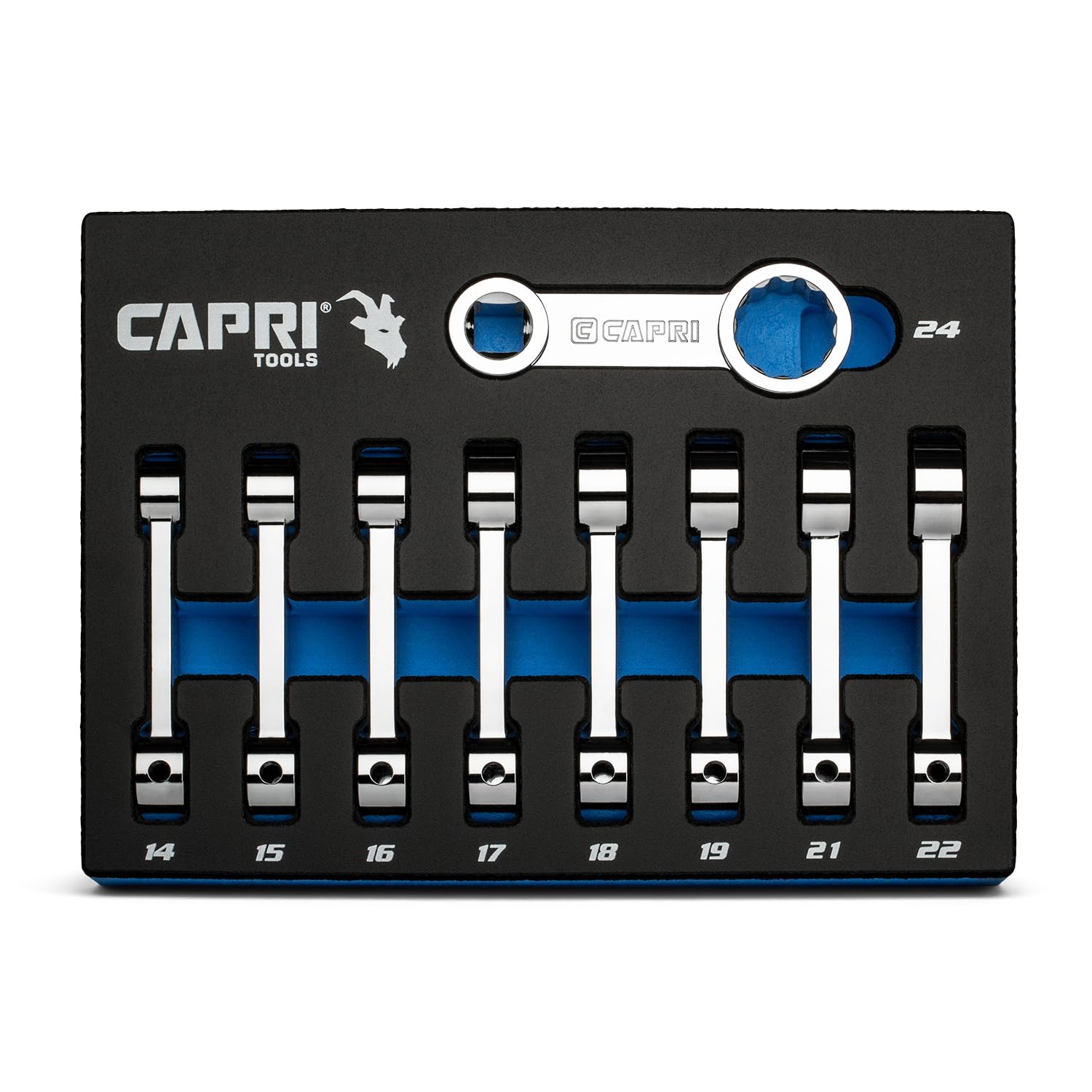 Capri Tools Zestaw adapterów momentu obrotowego 1/5.1 cm, 12-punktowy koniec skrzynki, 14 do 24 mm, metryczny, 9-częściowy z tacą mechaniczną
