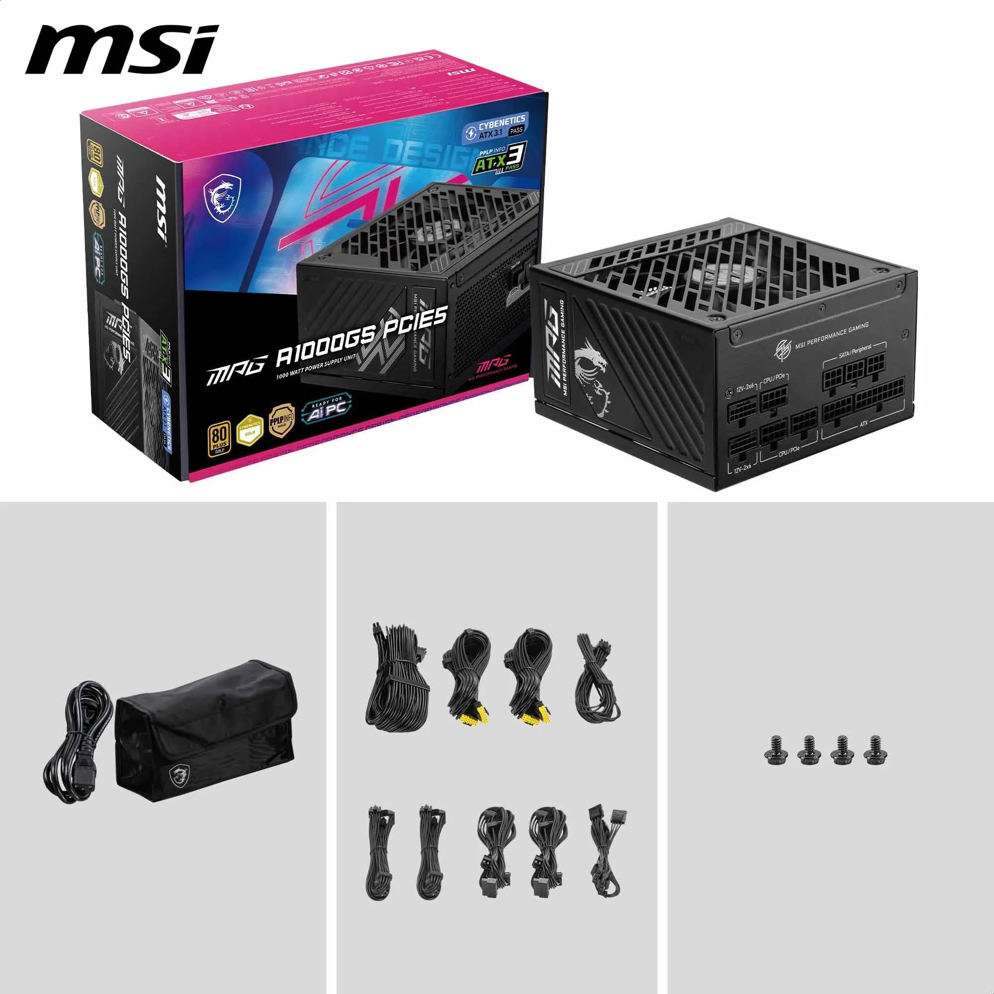 MSI MPG A1000GS PCIE5 Netzteil, 1000 W, 80 Plus Gold, ATX 3.1, PCIe 5.1 GPU-Unterstützung, Dual-Native 12V-2x6, Kabel mit zweifarbigen 12V-2x6 Anschlüssen, ATX-Netzteil, Modulare Kabel