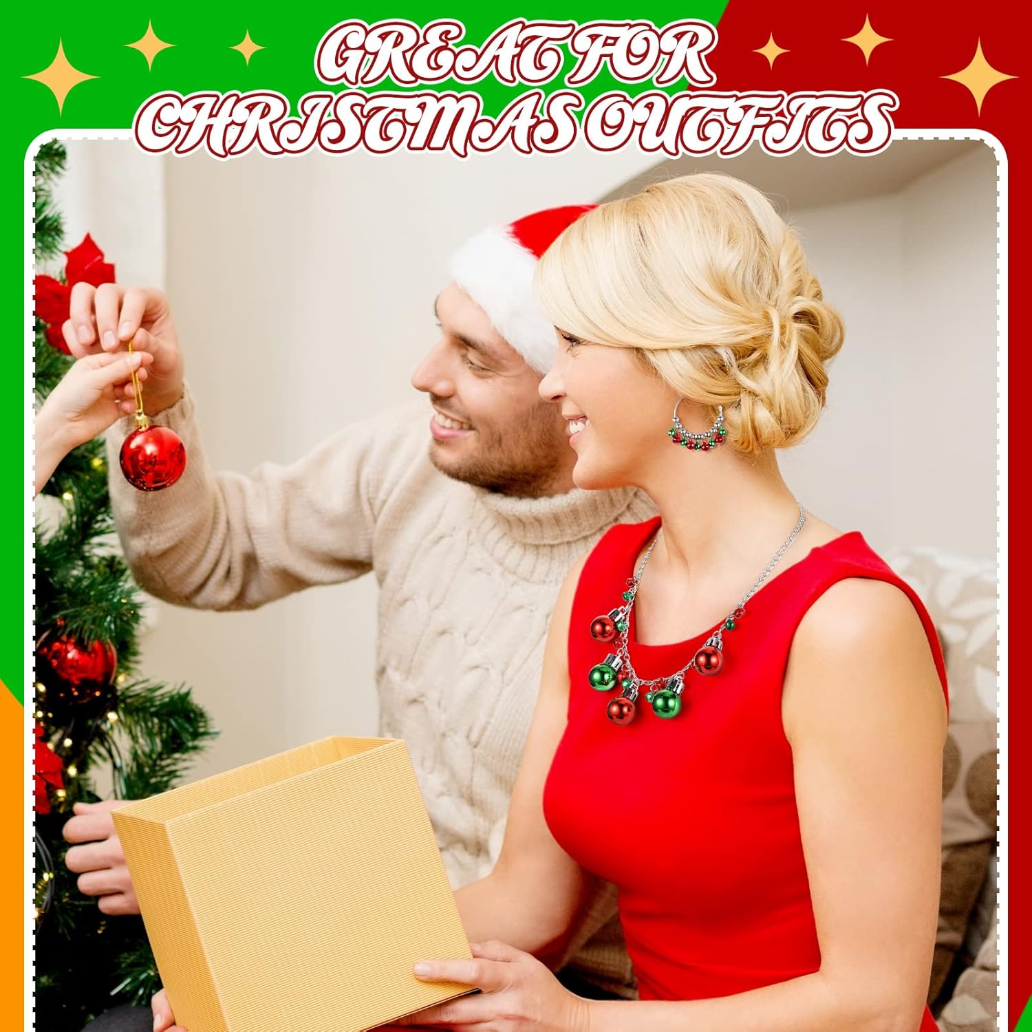 Kigeli 6 Pcs Women's Christmas Necklace Earrings Jewelry Set Metal Xmas Bow Necklace Jingle Bells Beaded Collar Crystal Teardrop Pendant Wreath Christmas Hoop for Women - Image 5