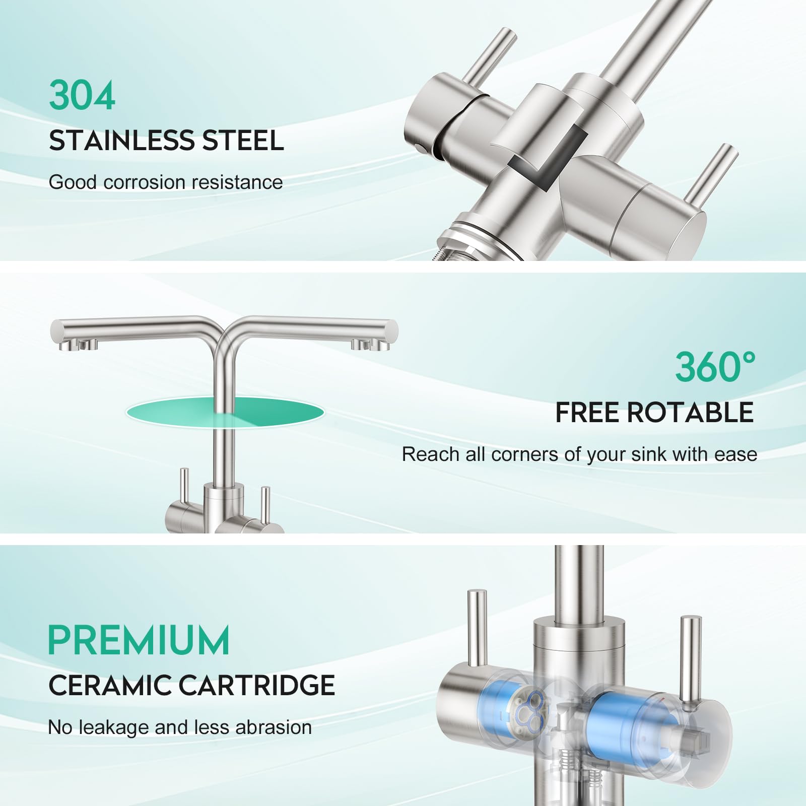 CREA Rubinetto Cucina a 4 Vie, Rubinetto Cucina Acqua Soda, Miscelatore Lavello Cucina Girevole a 360°, Rubinetto Osmosi, Acciaio Inox