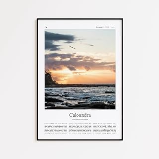 Caloundra color print real photo poster featuring a coastal sunset scene from Queensland, Australia; minimalist wall art for living room or bedroom decor