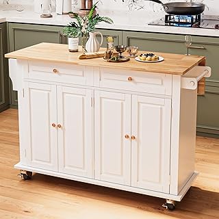 51.2'' Rolling Kitchen Island with Drop Leaf - Kitchen Carts on Wheels with Storage, Towel Rack, Drawers Island Table for Kitchen, Dining Room, White