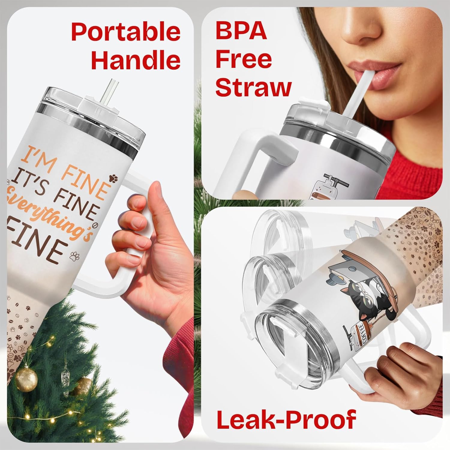 34HD Nurse Cat Coffee Tumbler 40oz with Handle Straw, Funny I'm Fine Everything's Fine Stainless Steel Insulated Travel Cafe Mug - Teal Ombre Birthday Gift for Feline Nurses and Caffein Lovers - Image 6