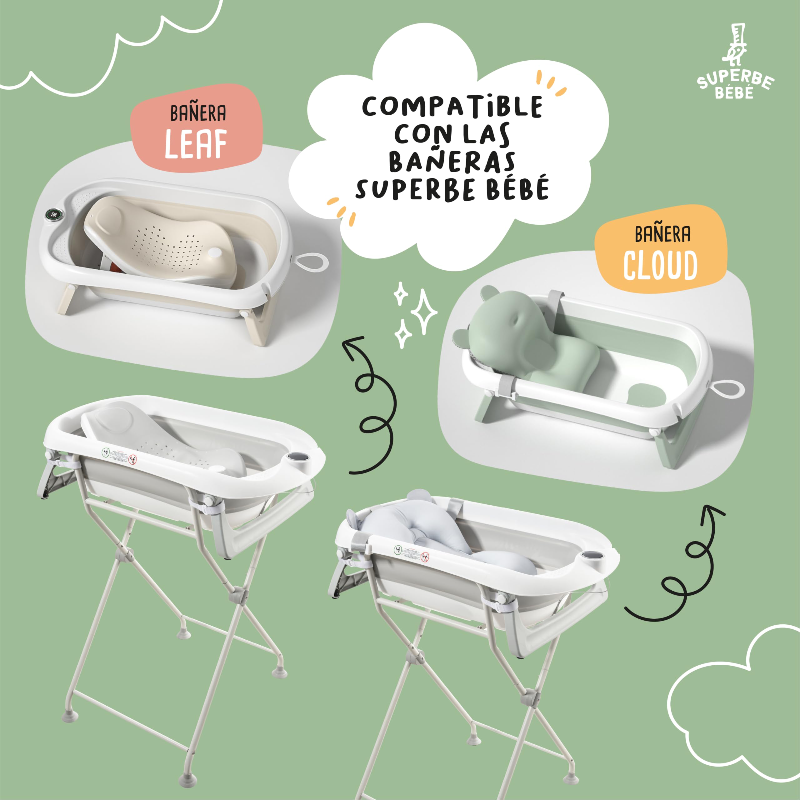 SUPERBE BEBE Soporte plegable para bañera, gris, compatible con las bañeras LEAF y CLOUD, modelo MAXIDO, kit de drenaje incluido
