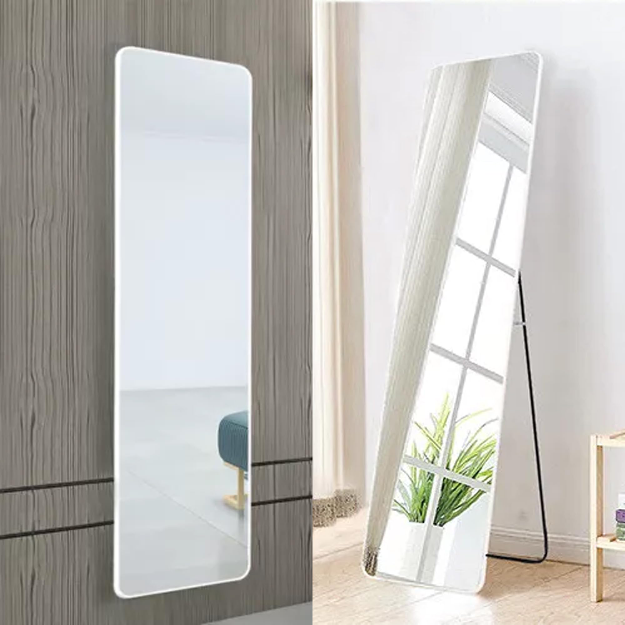 Full-Length Dressing Floor Mirror with Bracket Stand, Wall Mounted Mirror, Aluminum Alloy Suitable for Bedroom Living Room, White 36.3x146cm