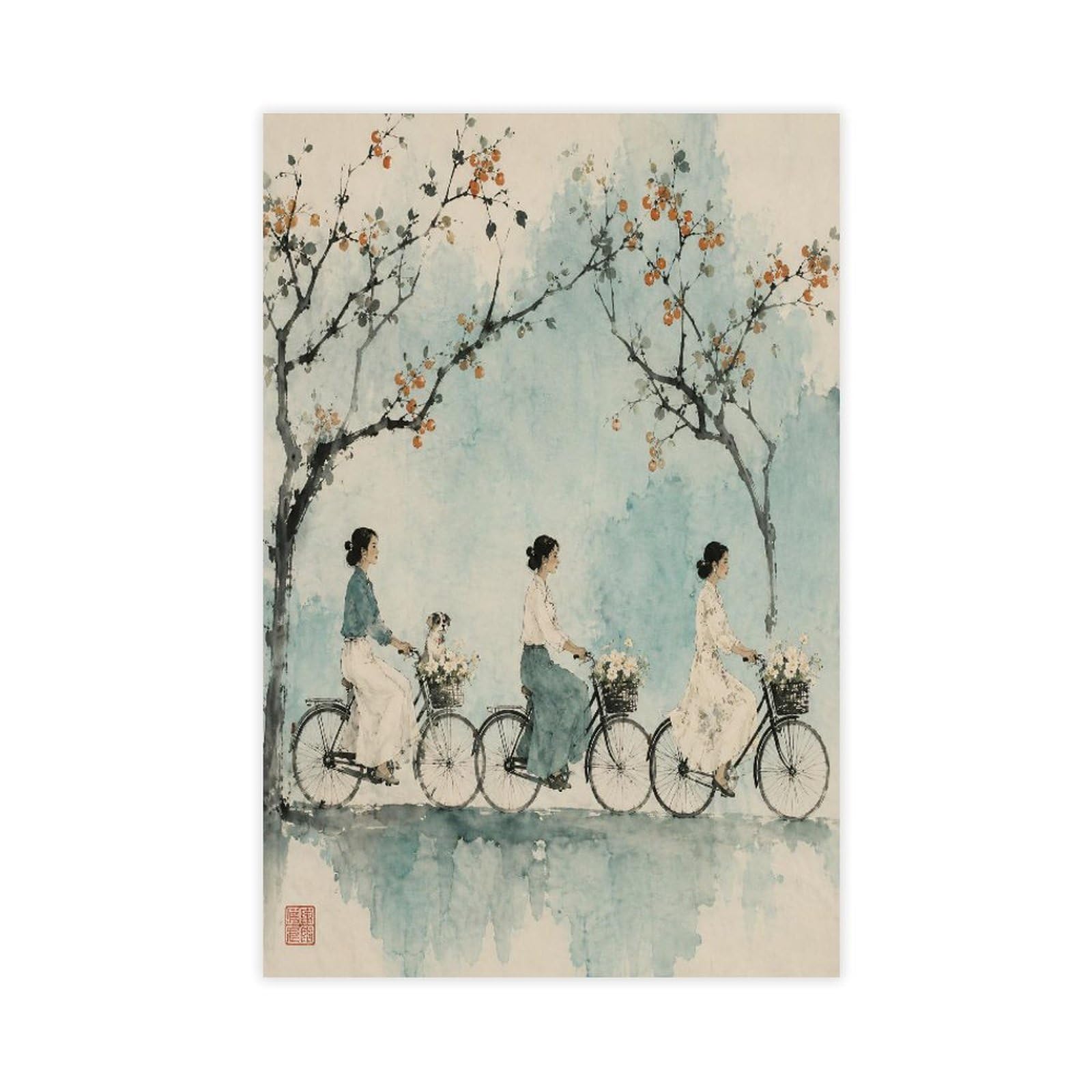 H3b8u2y5 Unframe-Style-24 Cyclists Under Blossoms Canvas Wall Art, Gongbi Painting Bedside