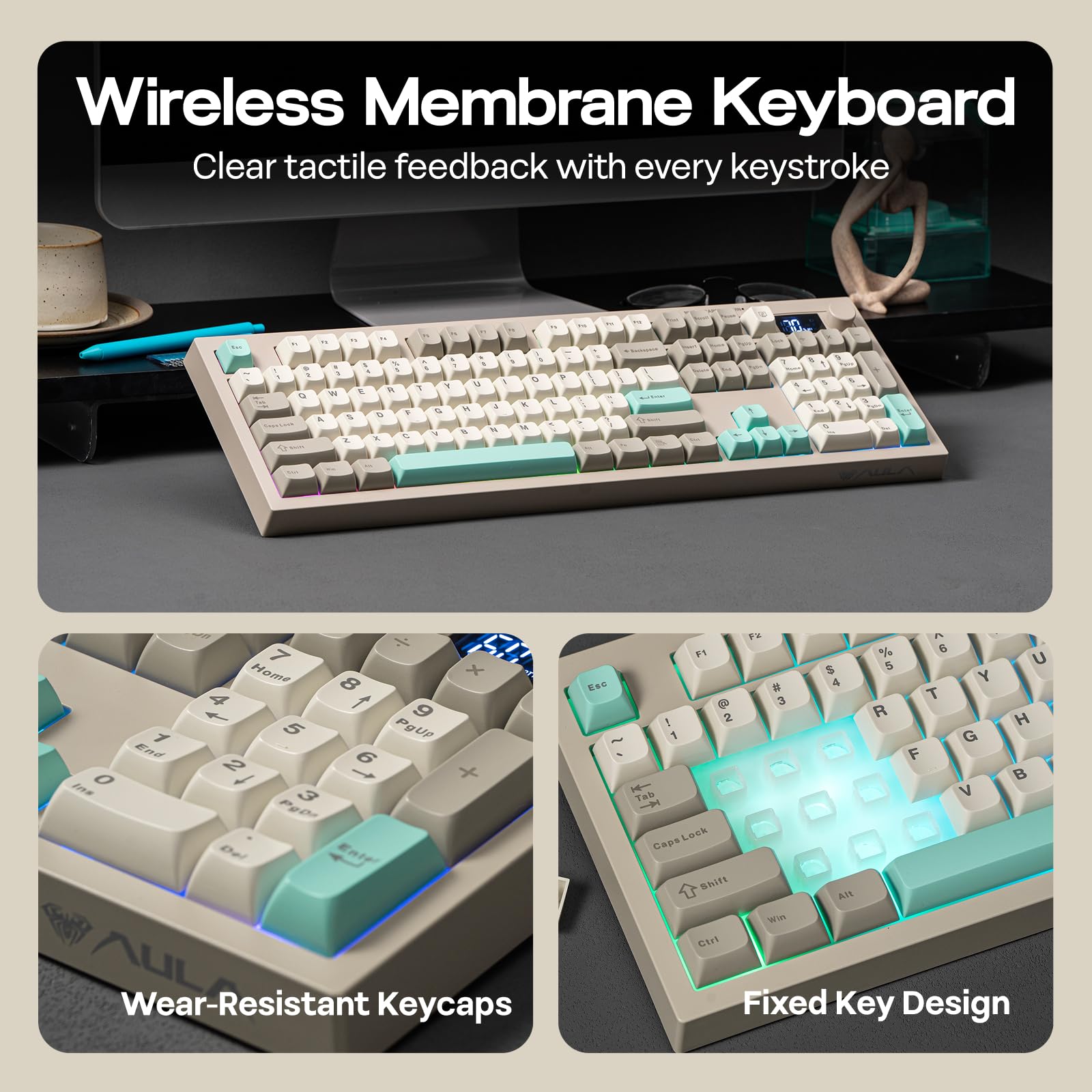 EPOMAKER Aula S102 Pro Teclado Silencioso para Juegos de Membrana con Pantalla TFT, Control de Volumen&Teclado Numérico, BT/2.4G/USB, RGB, Estructura de Silicona Suave, para Gaming/Oficina (Gris) — view 6