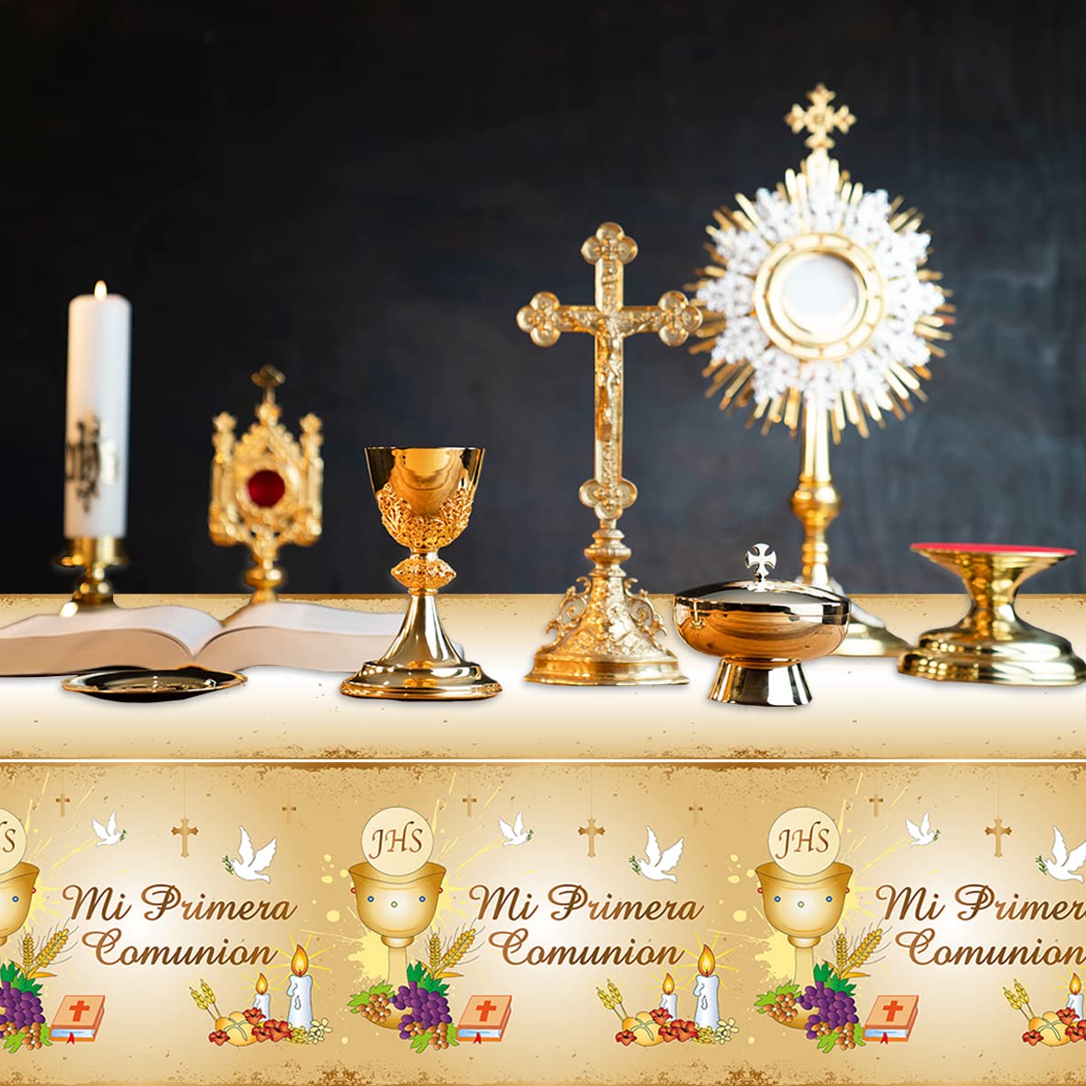 First Communion Table Cloth-3Pcs Mi Primera Comunion Rectangle Plastic Table Covers Holy Grail First Communion Party Supplies Christian Disposable Tablecloths (Spanish)
