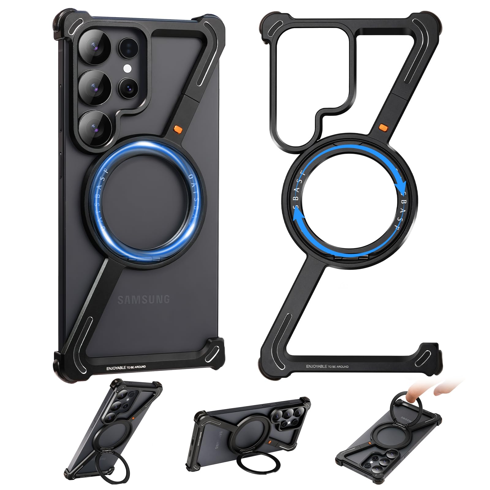 Custodia a forma di Z per Samsung Galaxy S25 Ultra con Magsafe, metallo senza cornice con supporto ad anello magnetico, custodia protettiva con cavalletto girevole a 360°, custodia protettiva