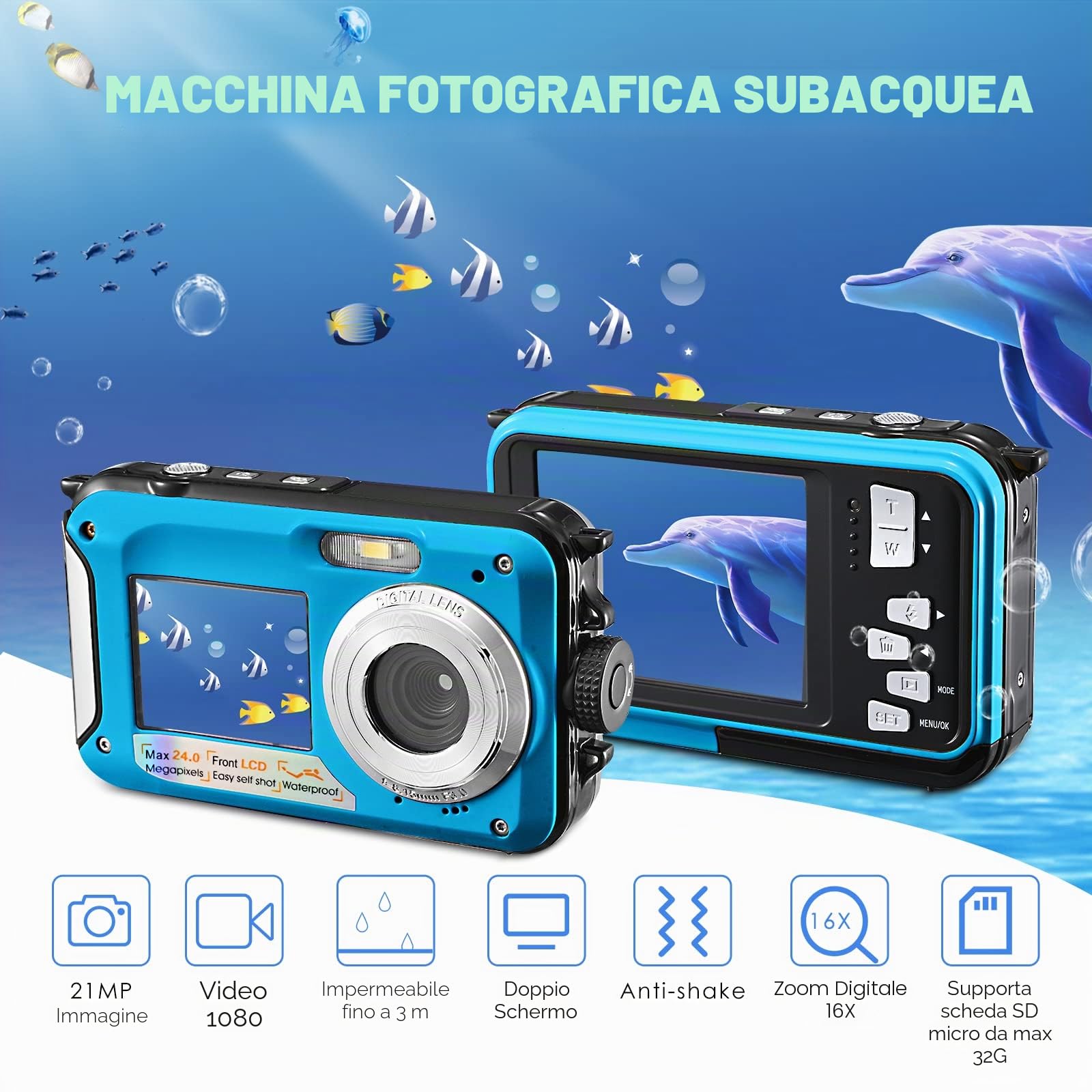Fotocamera impermeabile digitale Full HD 2,7 K 24 MP Macchina Fotografica Subcquea 16X Zoom digitale fotocamera impermeabile con doppio schermo, per adolescenti studenti principianti