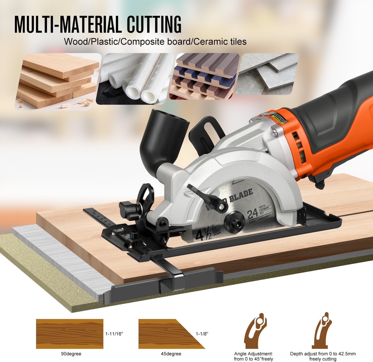 Yunirvana Mini Circular Saw, 6Amp 5200RPM Corded Circular Saw, Rip Guide, Compact Saw with 2Pcs Blades(24T Wood Blade and 60T Metal Blade)- Orange