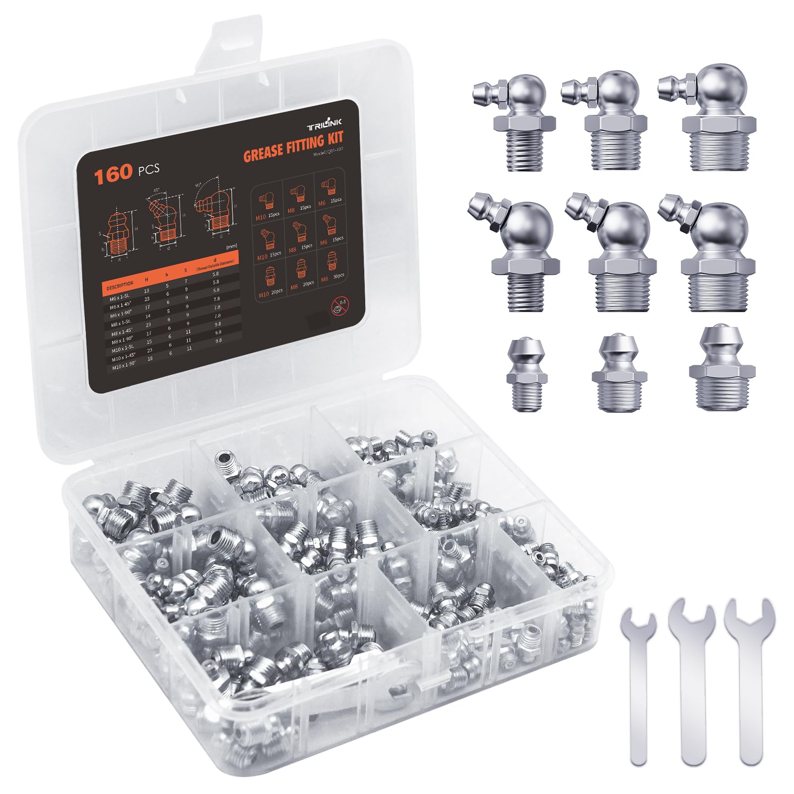 TRILINK Schmiernippel Sortiment Kit - 160 Stück M6, M8, M10 metrische Schmier fittings mit geraden, 45- und 90-Grad-Winkeln, inklusive Schraubenschlüssel - Ideal für Automotive und Landwirtschafts