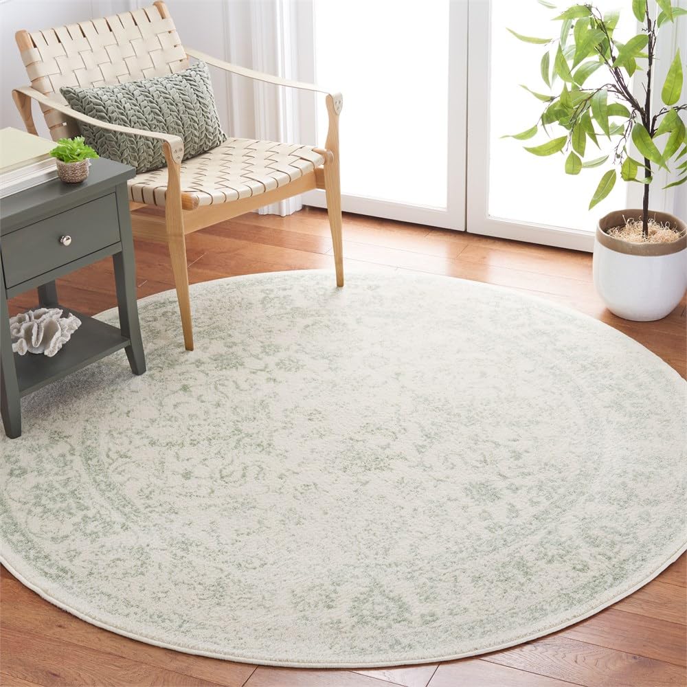 Safavieh Runder Teppich 235 cm Rund - Adirondack Collection - Transitional Design, Elfenbein & Salbei, Pflegeleichte Synthetikmischung, Ideal für Wohnzimmer, Schlafzimmer, Büro