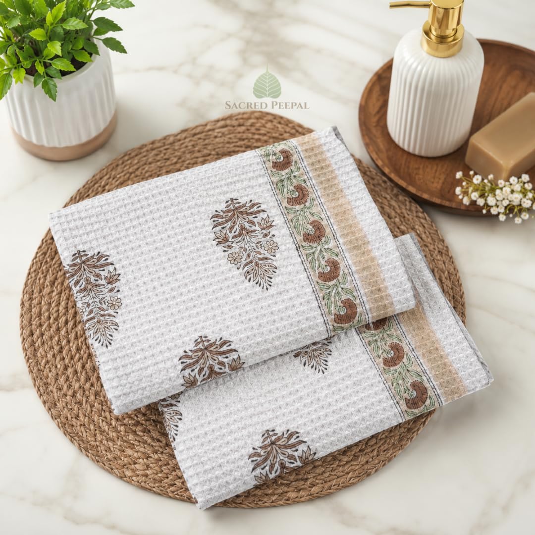 Hand Block Printed Cotton Waffle Hand Towels Set of 2- Sandstone Bloom | Soft & Absorbent-image-3