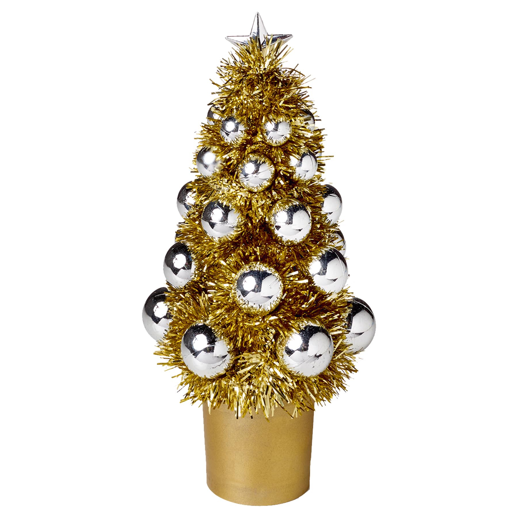21cm Tinsel Christmas Tree with Baubles and Tree Top Star Decorations (Gold with Silver Baubles)