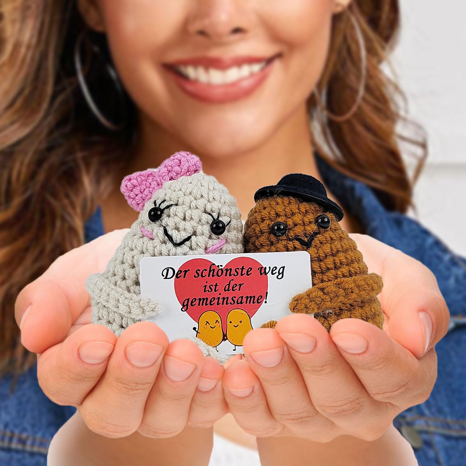 2 Pezzi Positive Potato Pupazzi di Peluche, Realizzati in Lana, Pupazzi Creativi, con Biglietto e Portachiavi, Ideali per Matrimoni, Fidanzamenti e San Valentino