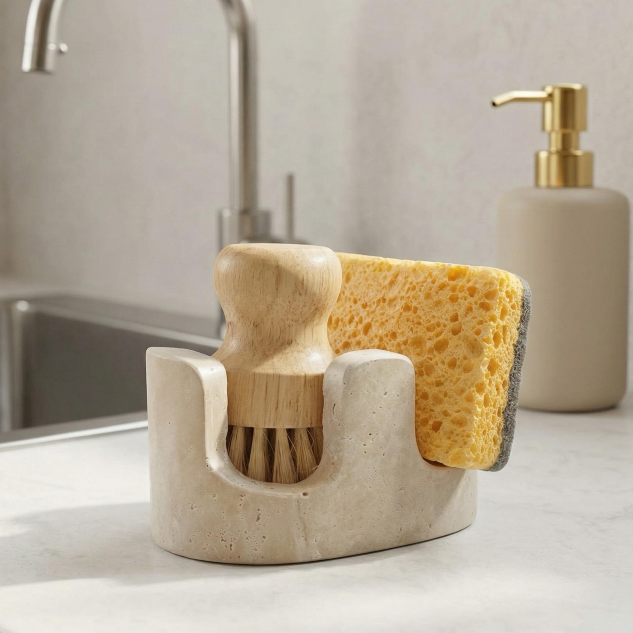 Photo 1 of Travertine Sponge Holder for Kitchen Sink, 2-in-1 Sponge & Brush Holder, 2 Slot Natural Stone Sink Caddy for Countertop, Keeps Countertops Dry, Non-Slip Base, Elegant Kitchen Decor, Beige