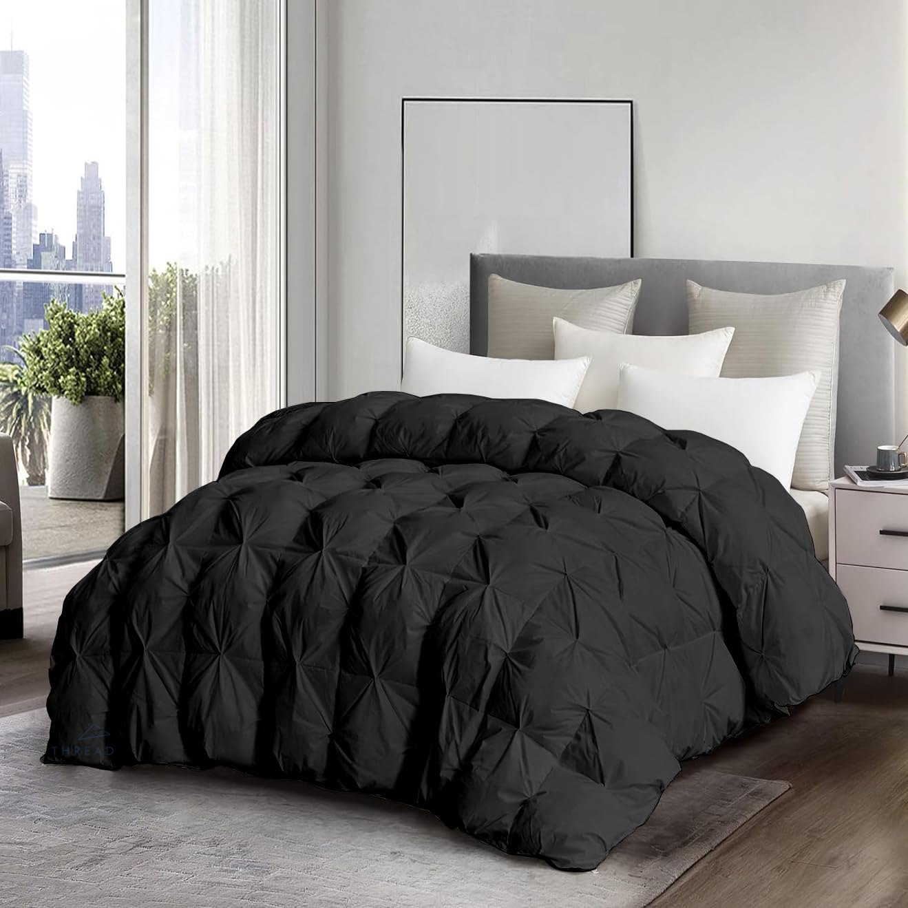 THREADZEN Alaskan King Comforter 136x120 - Extra Large 1 Piece Down Alternative Duvet Insert with 8 Corner Tabs - Pinch Pleat Quilt, Ultra Soft, All Season, Oversized King Comforter - Black
