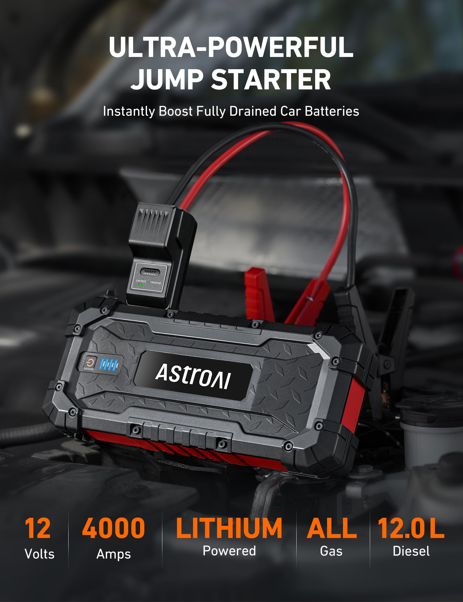 AstroAI S8 Car Battery Jump Starter, Car Jumper Starter Battery Pack for Up to 6.0L Gas & 3.0L Diesel Engines, 12V Portable Jump Box with 3 Modes Flashlight and Jumper Cable (Orange): 4000A-Red