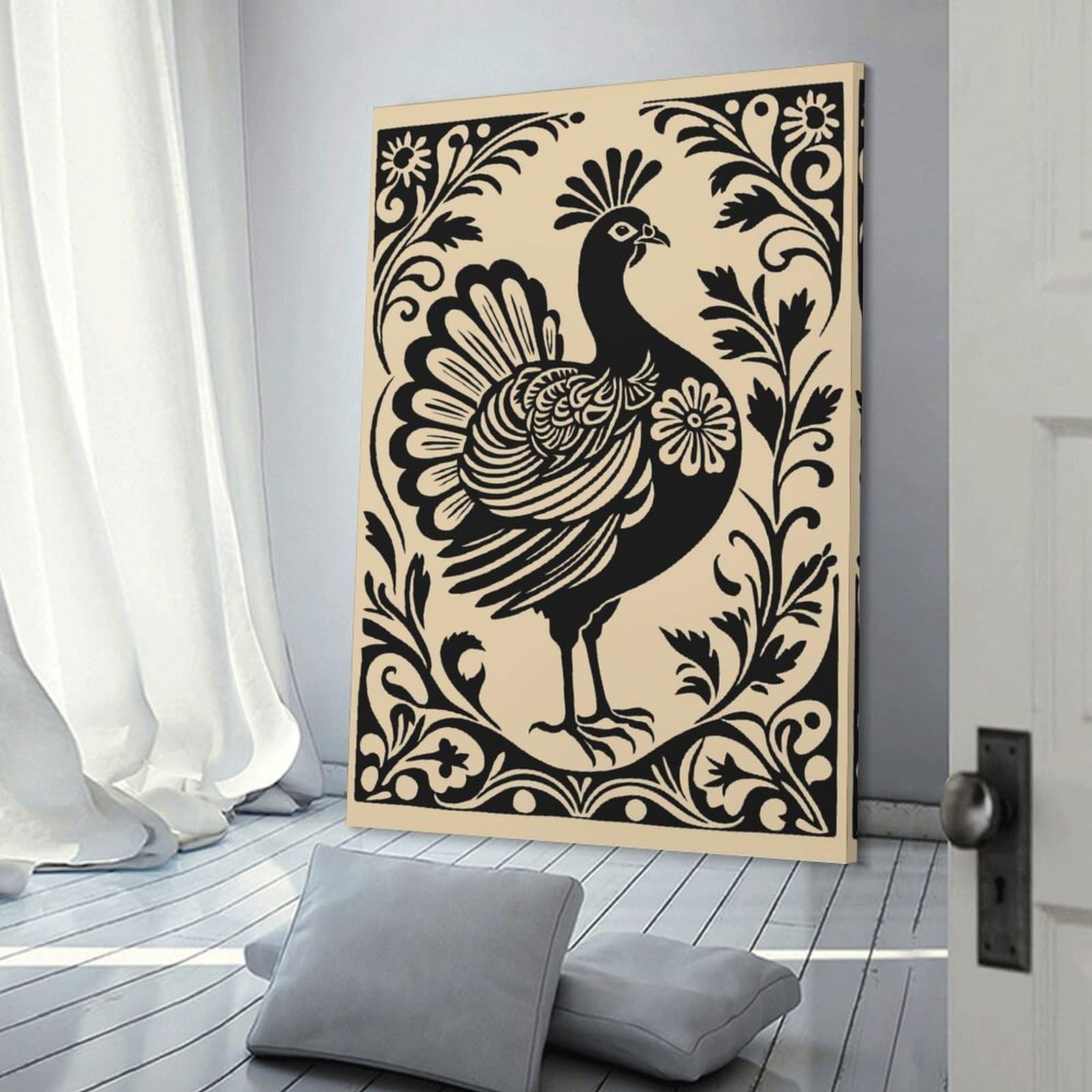 Junmoney Peacock Silhouette with Floral Border Wall Decor Canvas Print 20x30inch(50x75cm), for Study, Office Or Apartment Decor, A Wall Art Gift for Fresh Interiors