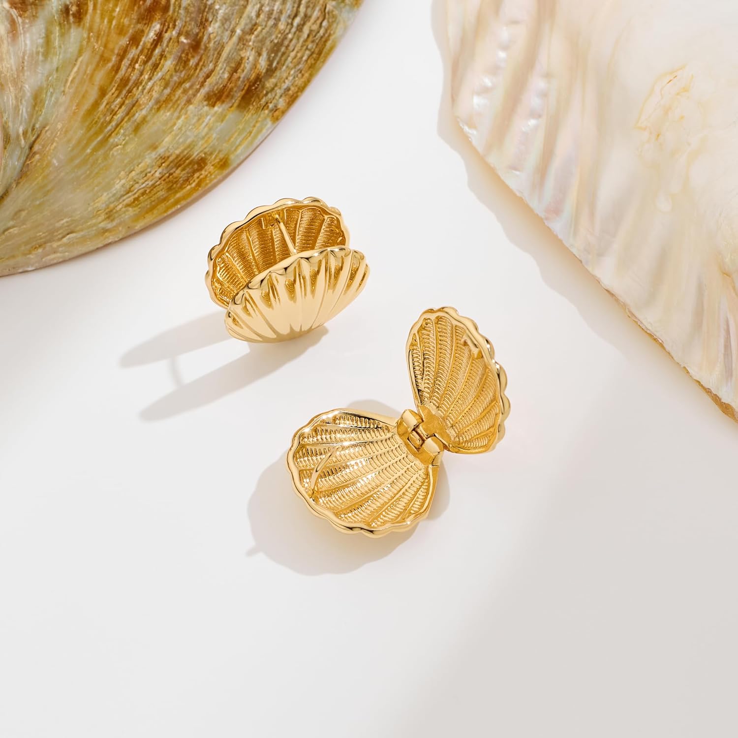 Gold Shell Huggie Earrings for Women 14K Gold Plated Hypoallergenic Small Hoop Earrings - Image 4