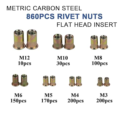 Miniatura 2 de TR TOOLROCK Kit de 860 tuercas remachables, surtido de tuercas de remache métricas M3 M4 M5 M6 M8 M10 M12, acabado chapado en zinc, inserto