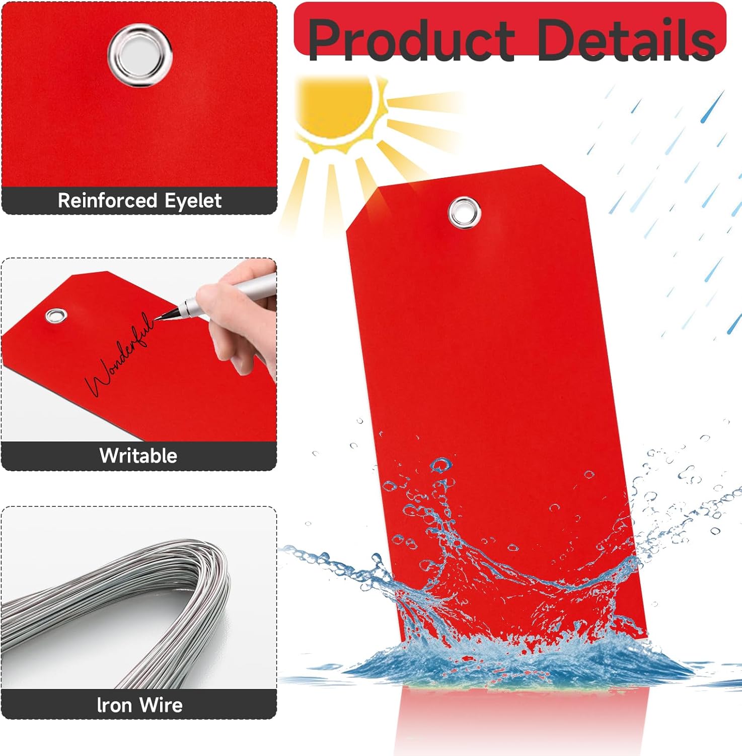 200 Waterproof Writable Plastic Hang Tags - 6 1/4 x 3 1/8, Red