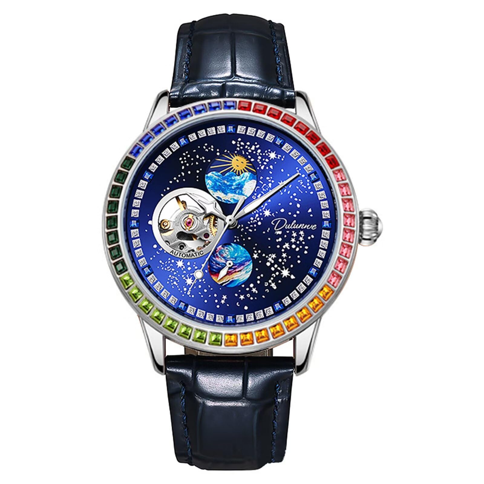 Orologio da uomo alla moda, quadrante con cielo stellato, meccanico a carica manuale, cinturino in pelle, casual, con fasi lunari, tourbillon, orologi automatici