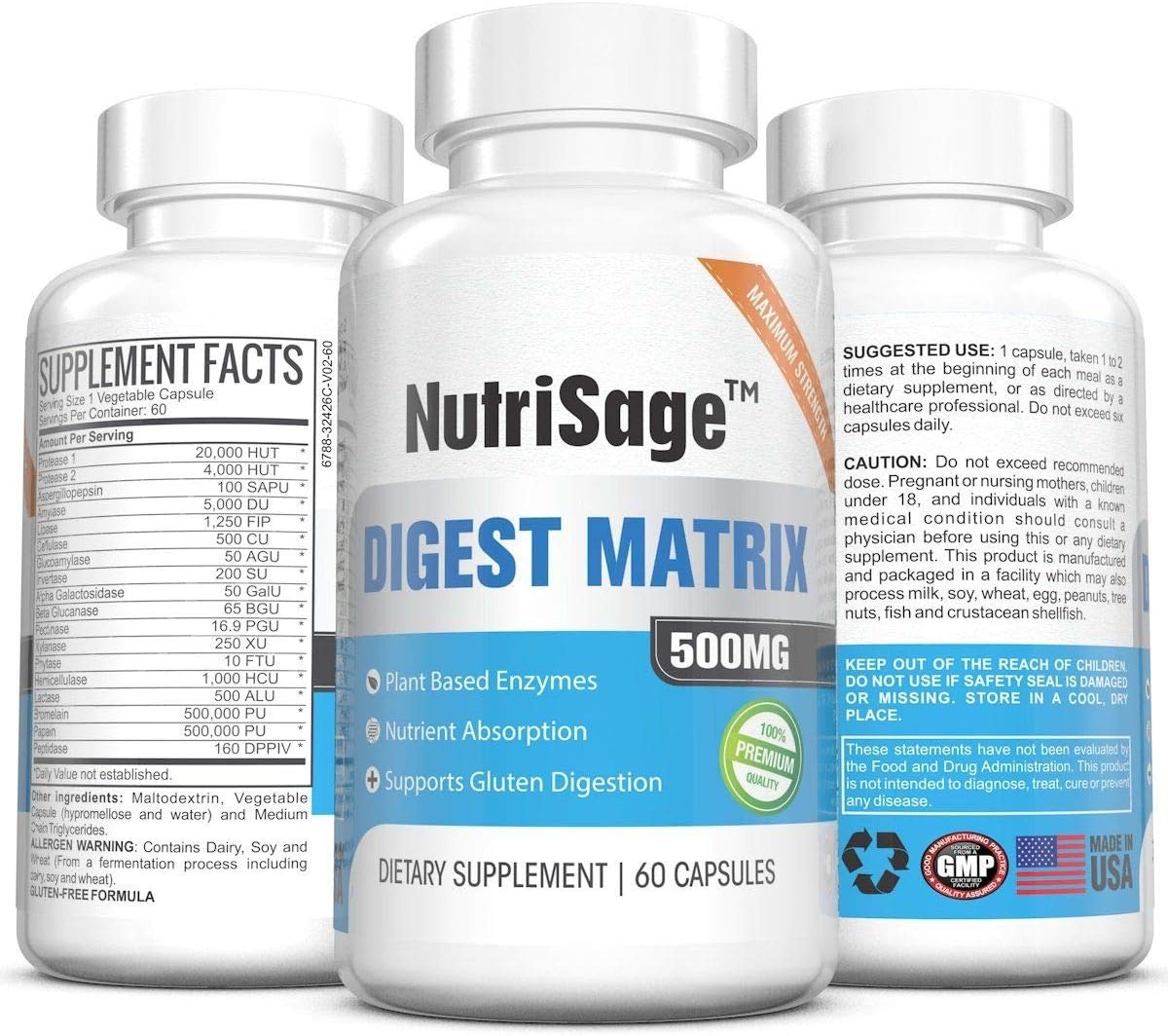 Super Digestive Enzyme Supplement - 500mg - Powerful Plant Based Enzymes โ Supports Gastrointestinal Tract Health & Nutrient Absorption โ Relieves Bloating โ Made in USA - 60 Capsules